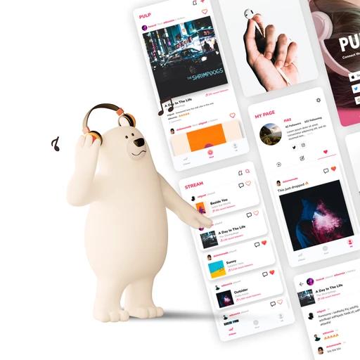 PULP social music app product design and mascot