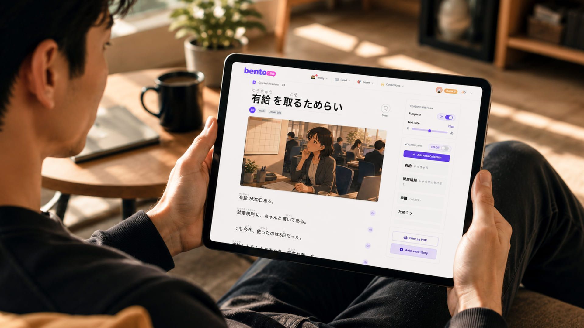 Person reading a graded reader on Bento Japanese